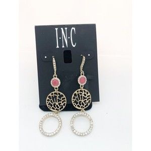 INC Gold, Cubic Zirconia Hook Dangle Earrings Circles Pink Gold Tone NEW